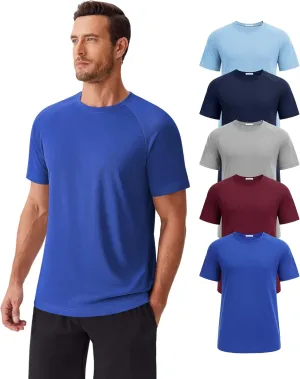 PINSPARK 5 Pack Gym Workout Shirts for Men Short Sleeve Moisture Wicking Athletic Tshirts Multipack Plain Crewneck Tees Shirt