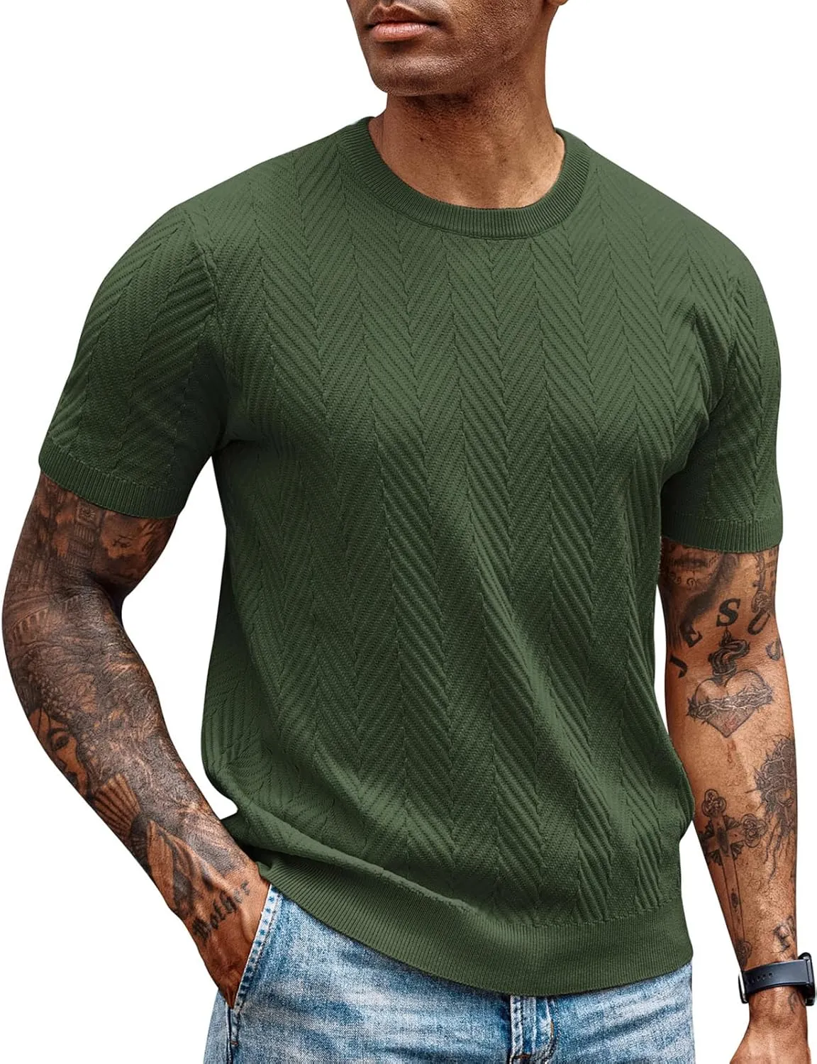 PJ PAUL JONES Men's Short Sleeve Knit T-Shirts Casual Crewneck Solid Texture Knit Shirt