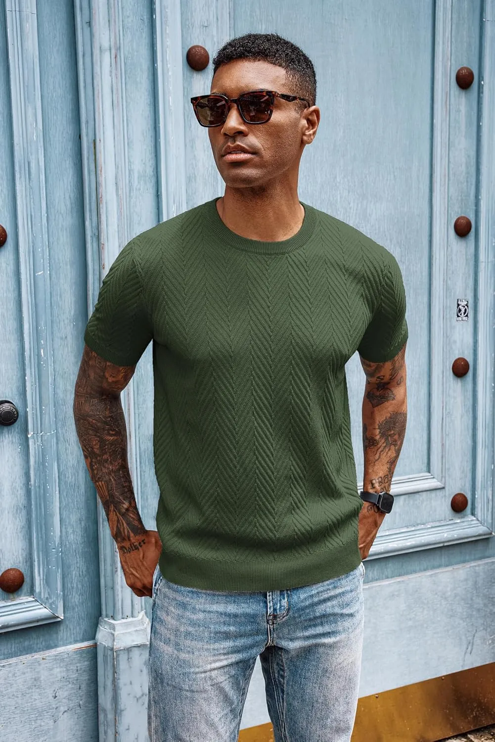 PJ PAUL JONES Men's Short Sleeve Knit T-Shirts Casual Crewneck Solid Texture Knit Shirt