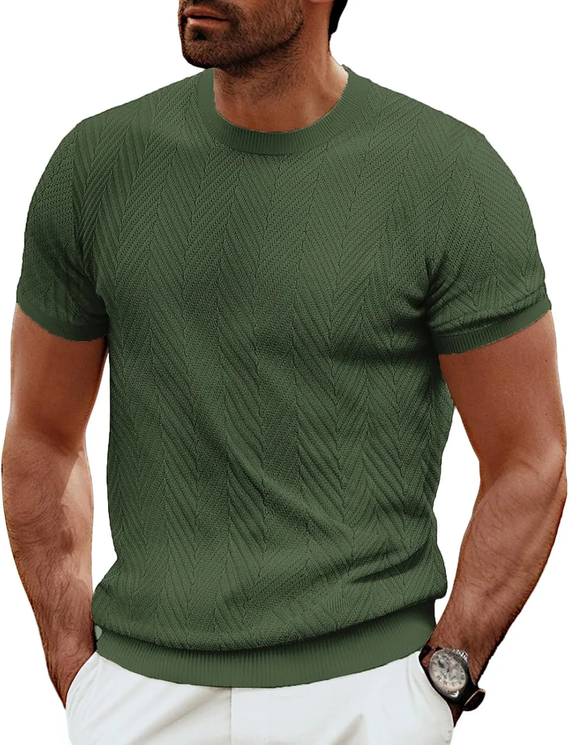 PJ PAUL JONES Men's Short Sleeve Knit T-Shirts Casual Crewneck Solid Texture Knit Shirt