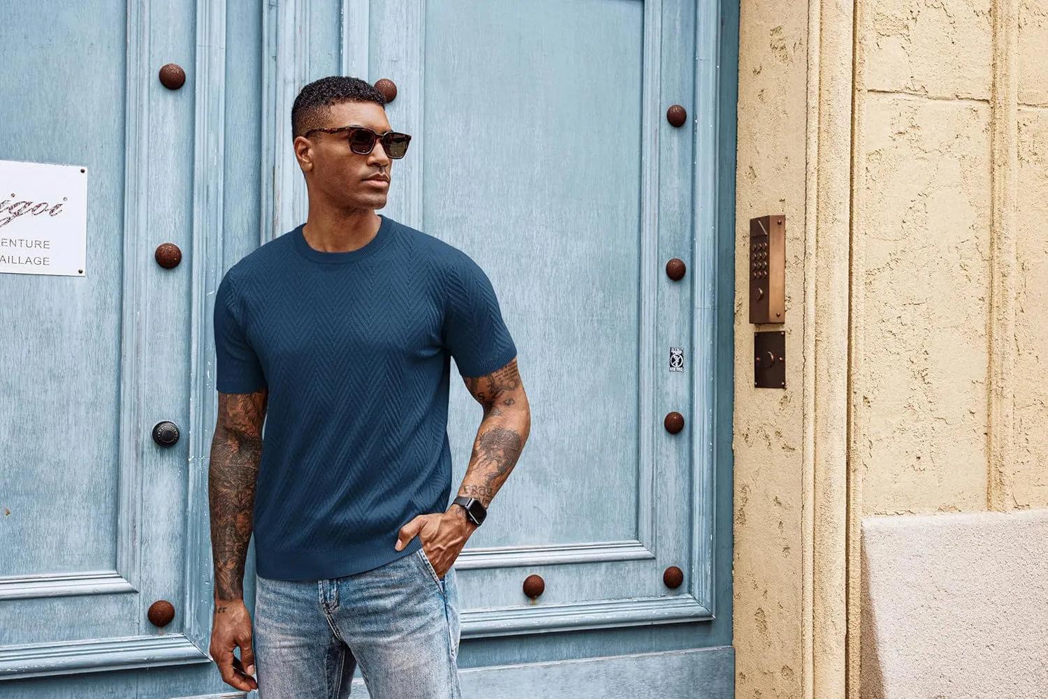 PJ PAUL JONES Men's Short Sleeve Knit T-Shirts Casual Crewneck Solid Texture Knit Shirt