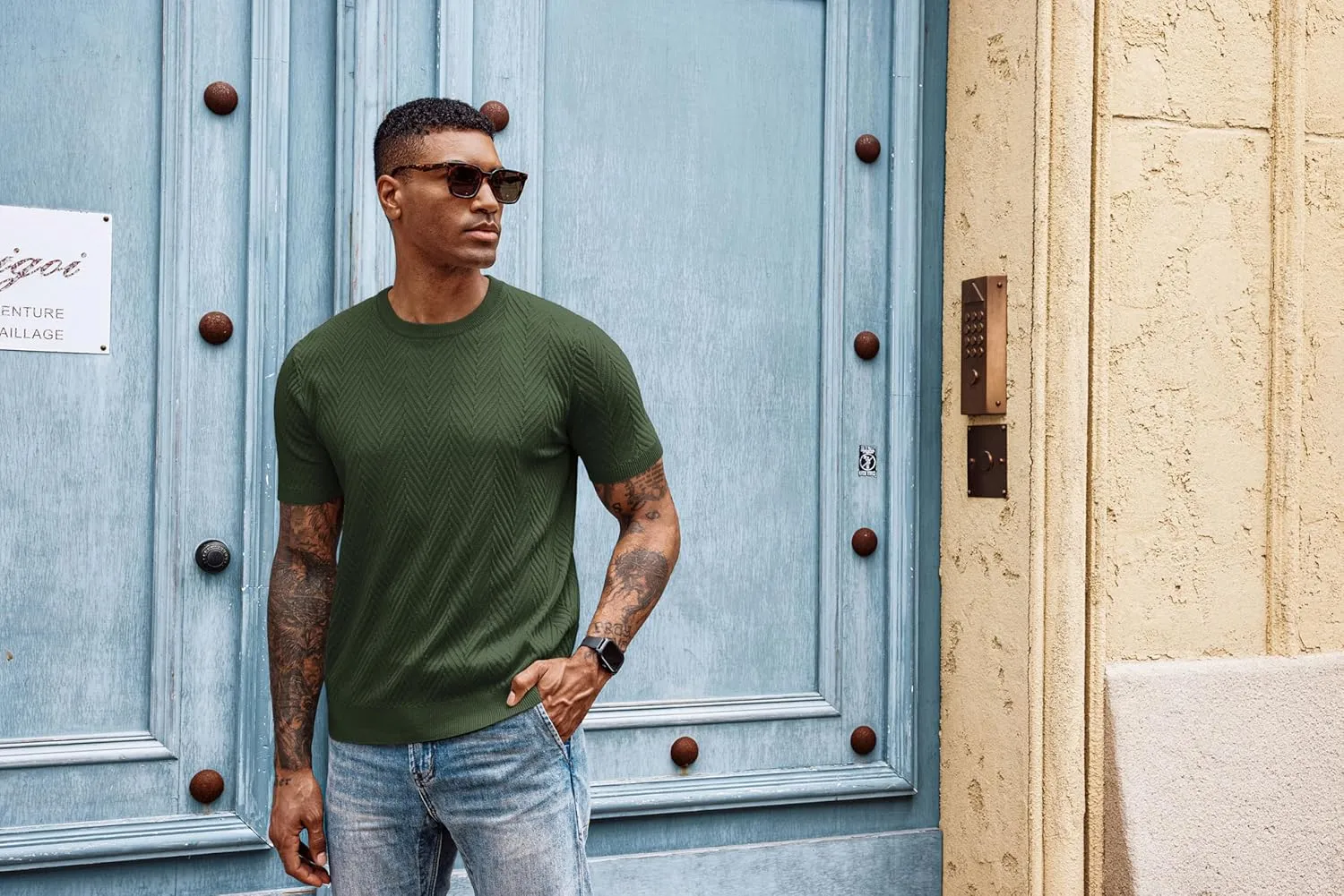 PJ PAUL JONES Men's Short Sleeve Knit T-Shirts Casual Crewneck Solid Texture Knit Shirt