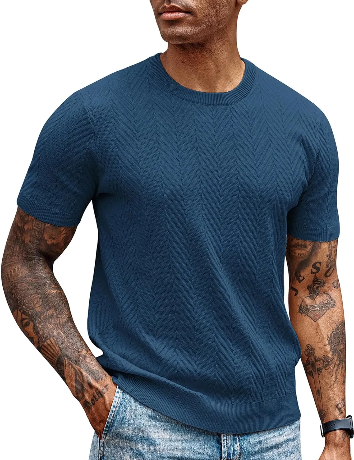 PJ PAUL JONES Men's Short Sleeve Knit T-Shirts Casual Crewneck Solid Texture Knit Shirt