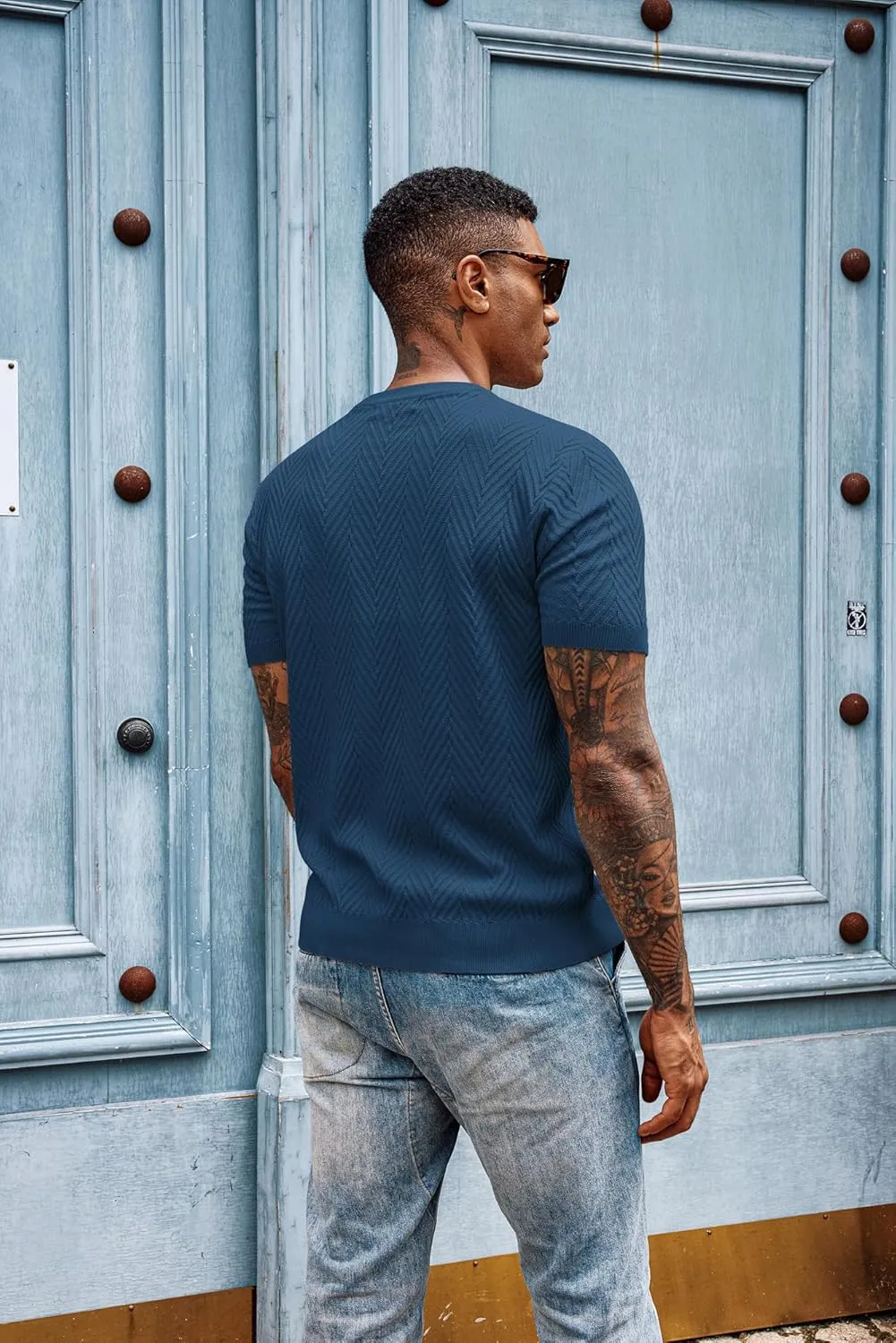 PJ PAUL JONES Men's Short Sleeve Knit T-Shirts Casual Crewneck Solid Texture Knit Shirt