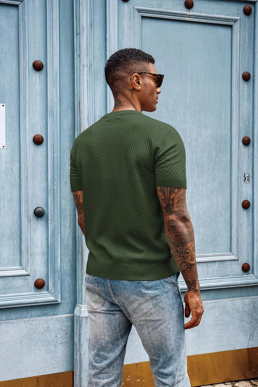 PJ PAUL JONES Men's Short Sleeve Knit T-Shirts Casual Crewneck Solid Texture Knit Shirt
