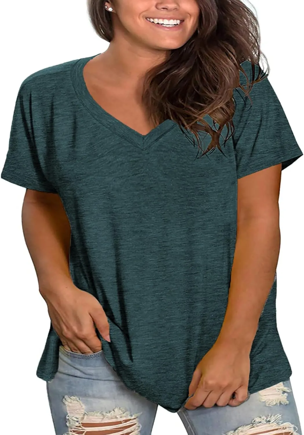 Plus Size V Neck T Shirts Women Short Sleeve Tops Casual Summer Tshirts Loose Fit Tee