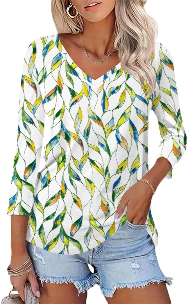Poetsky Womens 3/4 Sleeve V Neck T Shirts Summer Casual Tops Basic Tees