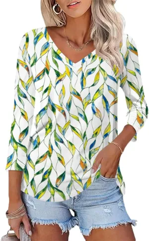 Poetsky Womens 3/4 Sleeve V Neck T Shirts Summer Casual Tops Basic Tees