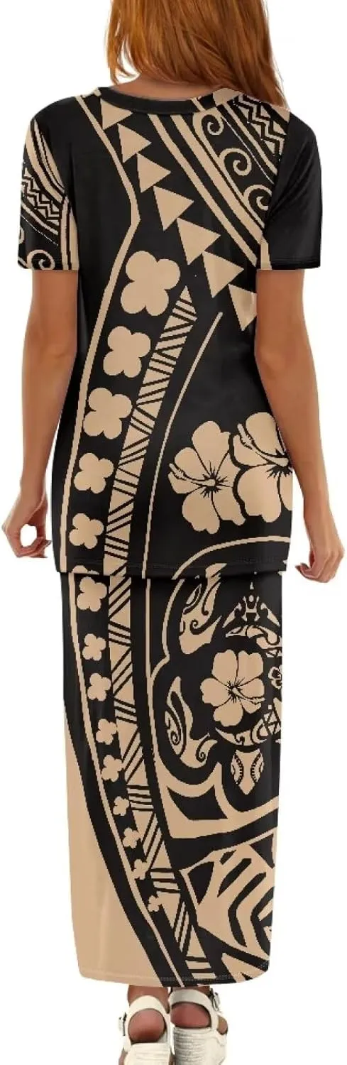 Polynesian Design Samoan Dresses 2 Piece Set Short Sleeve T-Shirts Maxi Dresses Two Piece Outfit