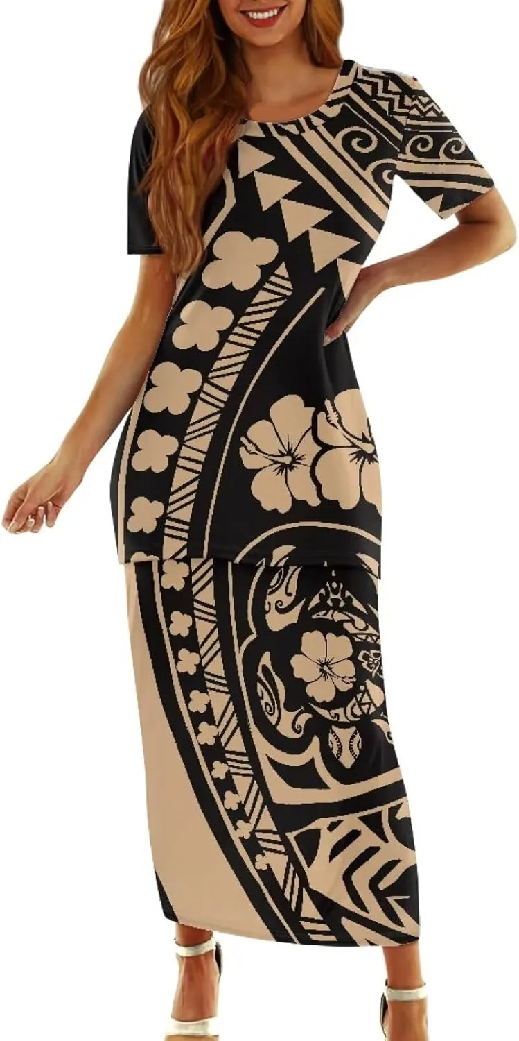 Polynesian Design Samoan Dresses 2 Piece Set Short Sleeve T-Shirts Maxi Dresses Two Piece Outfit