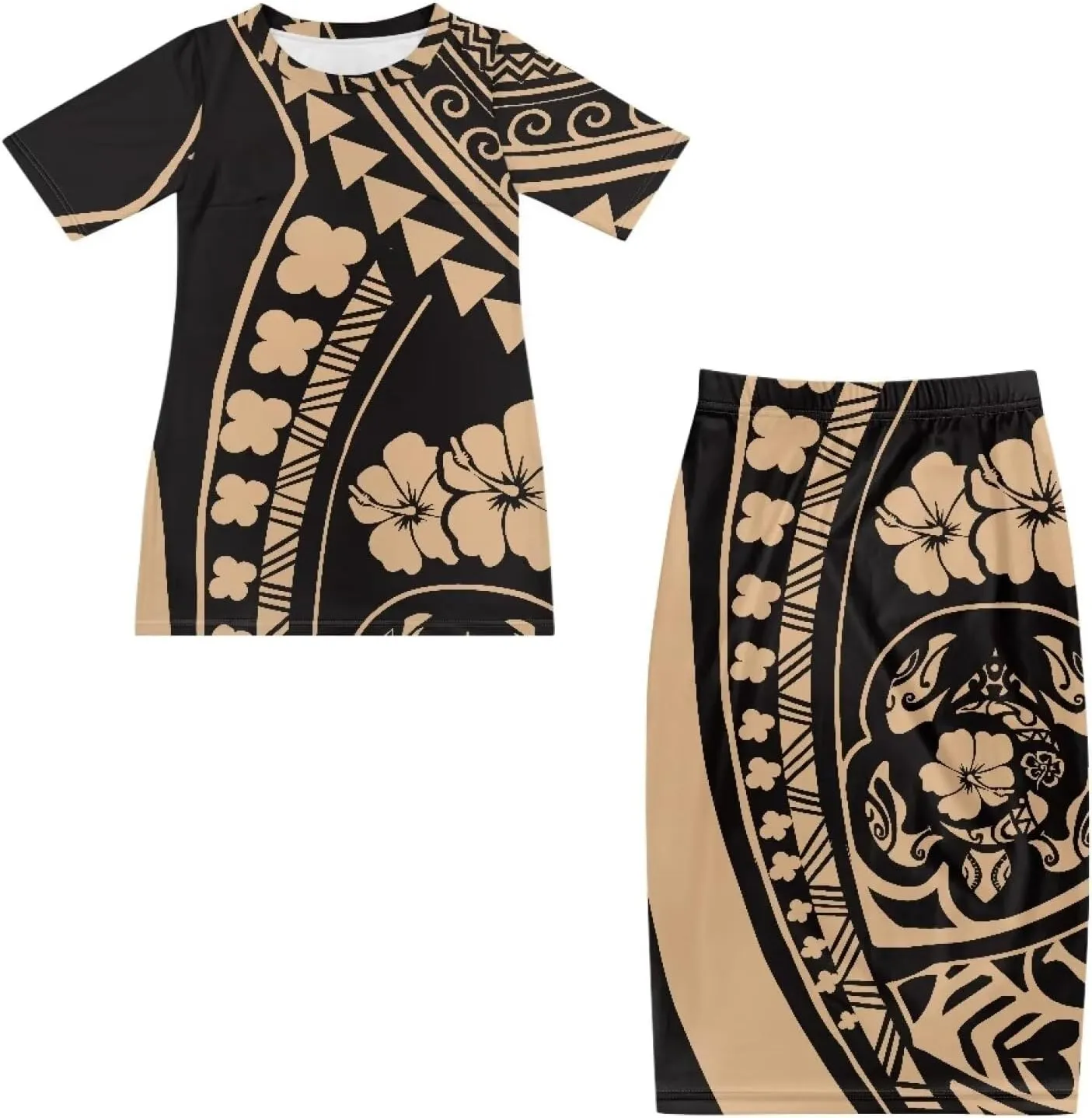 Polynesian Design Samoan Dresses 2 Piece Set Short Sleeve T-Shirts Maxi Dresses Two Piece Outfit