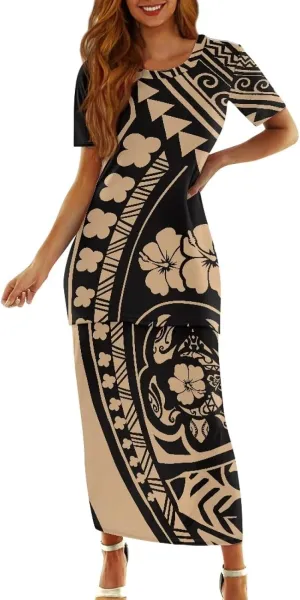 Polynesian Design Samoan Dresses 2 Piece Set Short Sleeve T-Shirts Maxi Dresses Two Piece Outfit