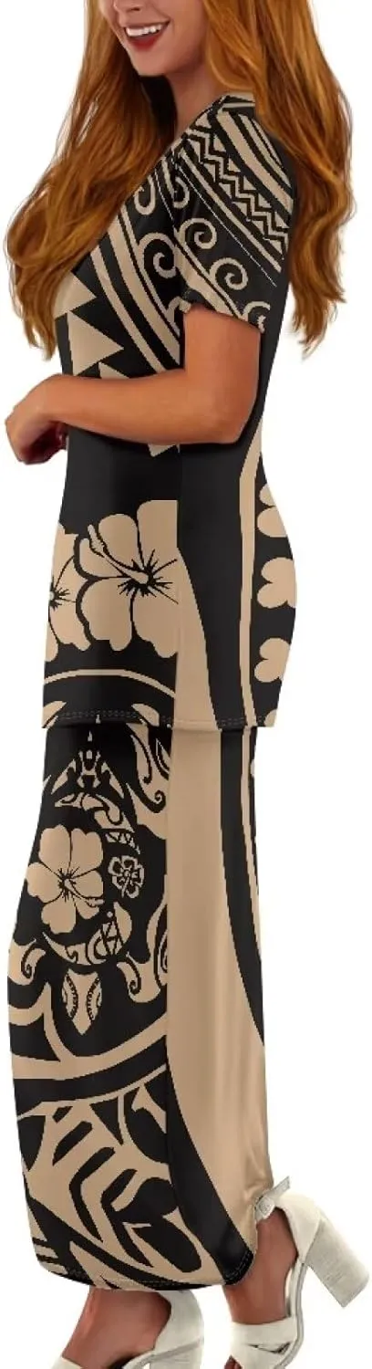 Polynesian Design Samoan Dresses 2 Piece Set Short Sleeve T-Shirts Maxi Dresses Two Piece Outfit