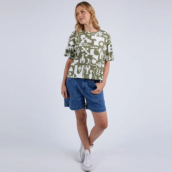 Postcard Tee - Khaki   Cream Print