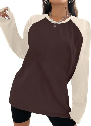 Remidoo Women Raglan Shirts Long Sleeve Oversized T Shirt Casual Crewneck Color Block Tee Top