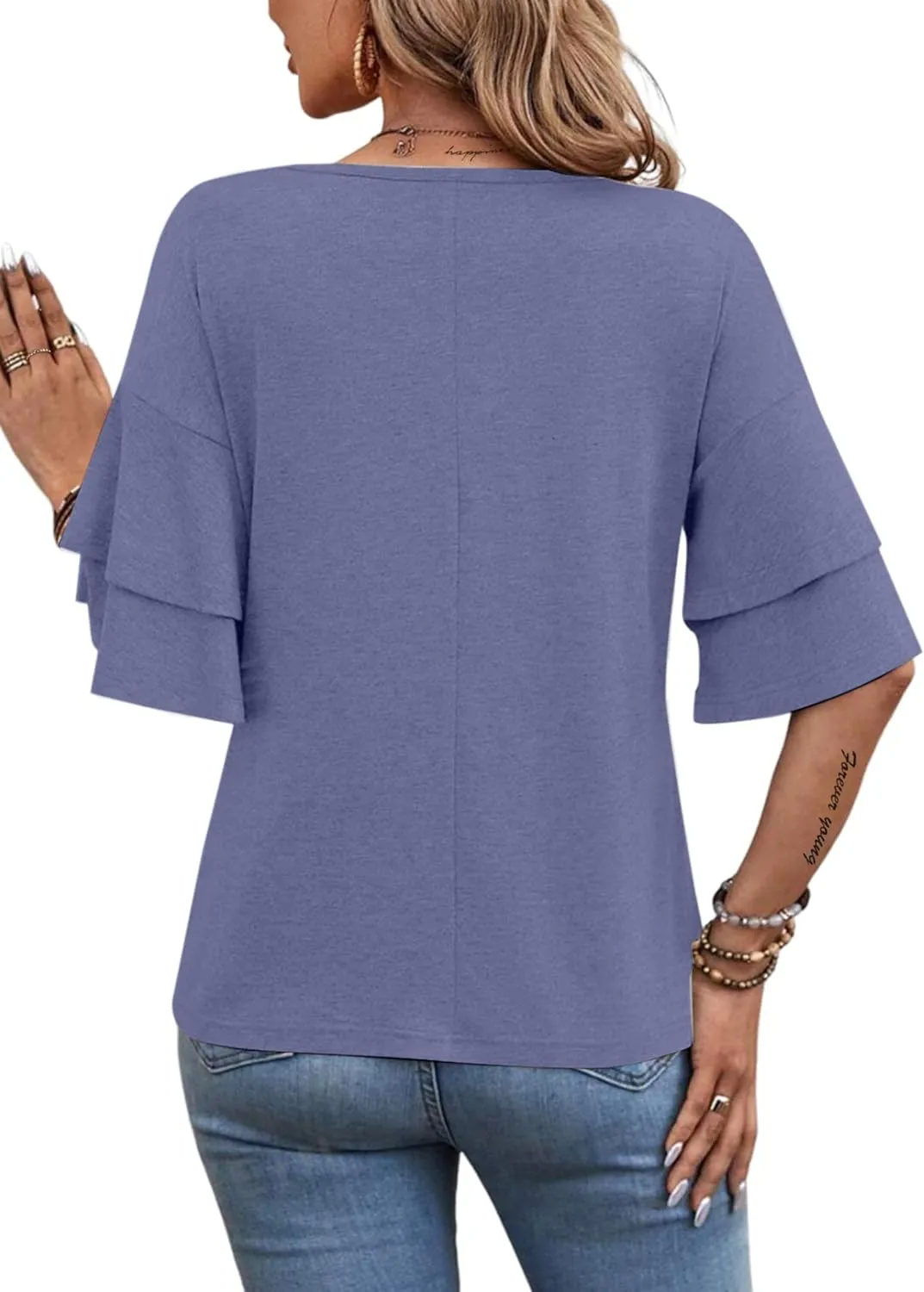 Remidoo Womens Double Layer Bell Sleeve T Shirt V Neck Tee Top