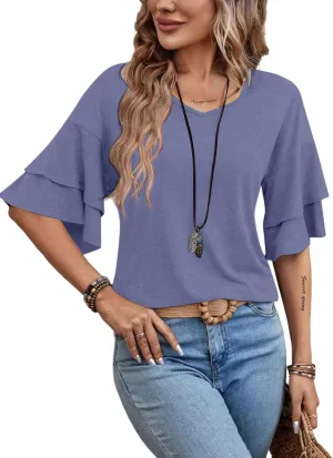 Remidoo Womens Double Layer Bell Sleeve T Shirt V Neck Tee Top
