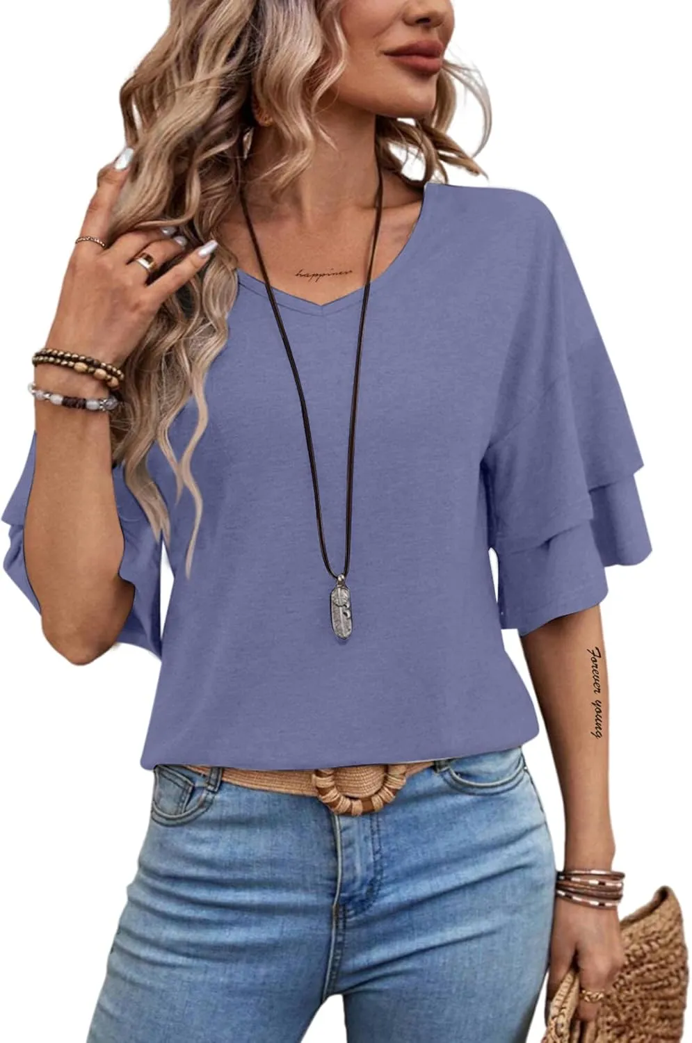 Remidoo Womens Double Layer Bell Sleeve T Shirt V Neck Tee Top