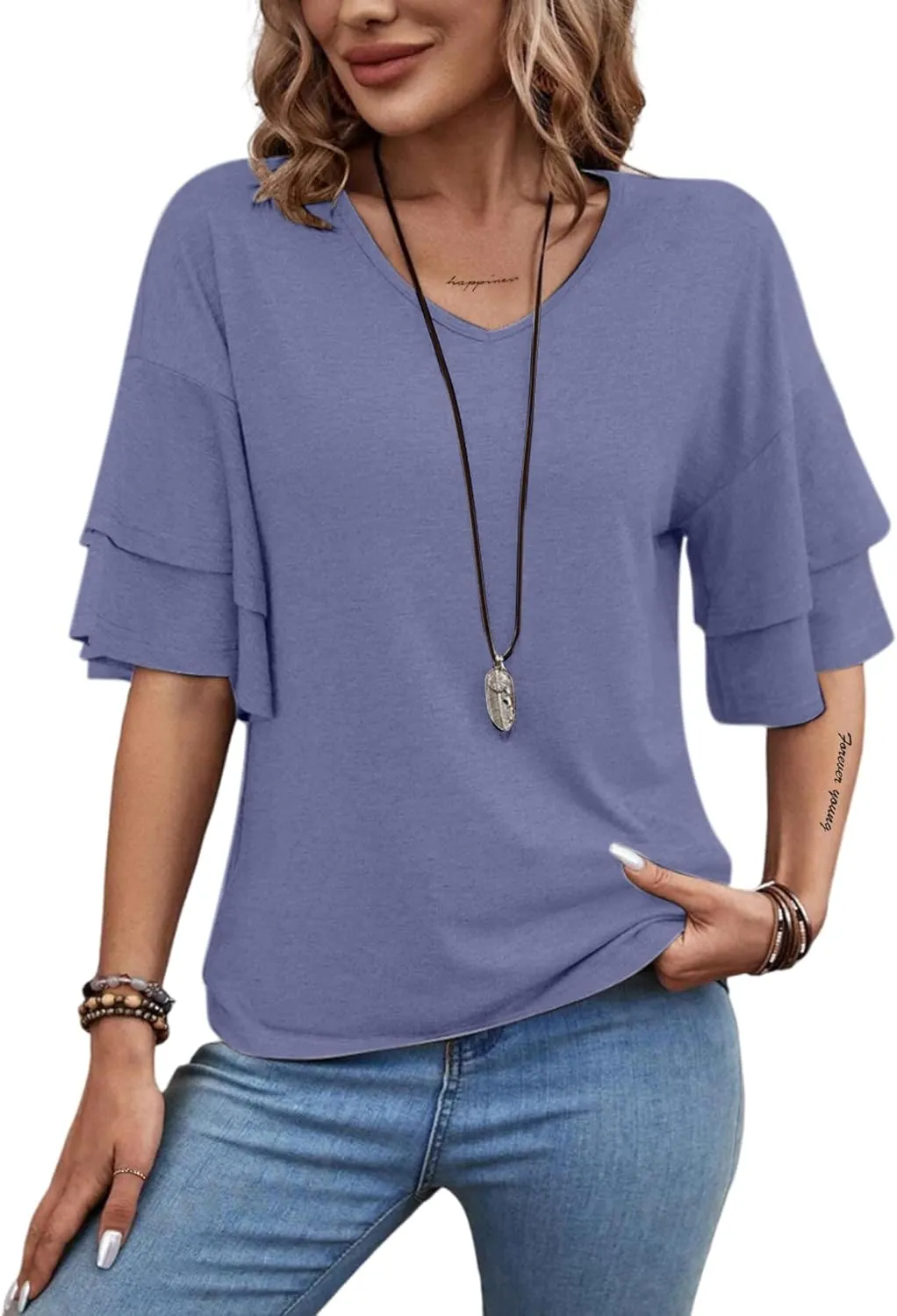Remidoo Womens Double Layer Bell Sleeve T Shirt V Neck Tee Top