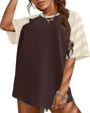 Remidoo Womens Short Sleeve Oversized T Shirt Color Block Crew Neck Casual Tee Tops