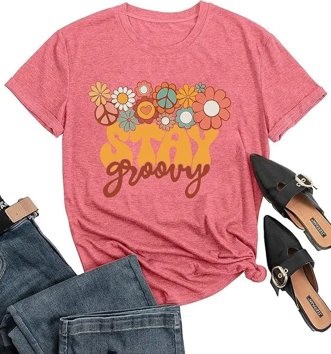 Retro Stay Groovy Shirt Women Floral Graphic Tee Hippie Vintage 70s Disco Peace Casual Short Sleeve Top