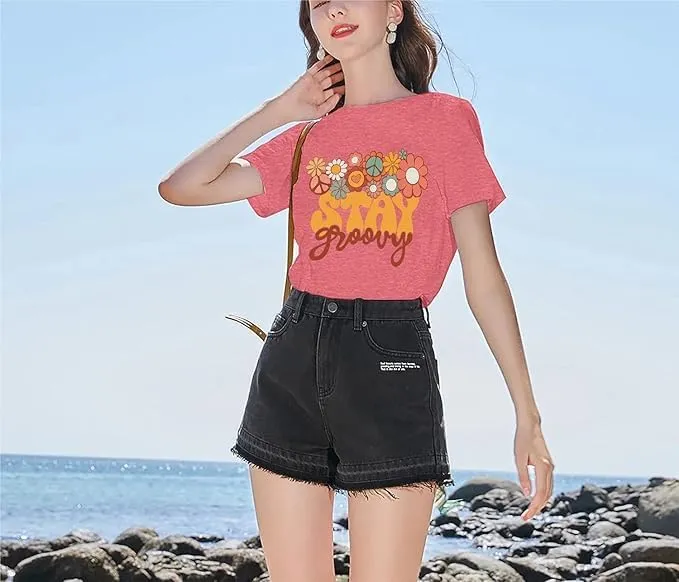 Retro Stay Groovy Shirt Women Floral Graphic Tee Hippie Vintage 70s Disco Peace Casual Short Sleeve Top