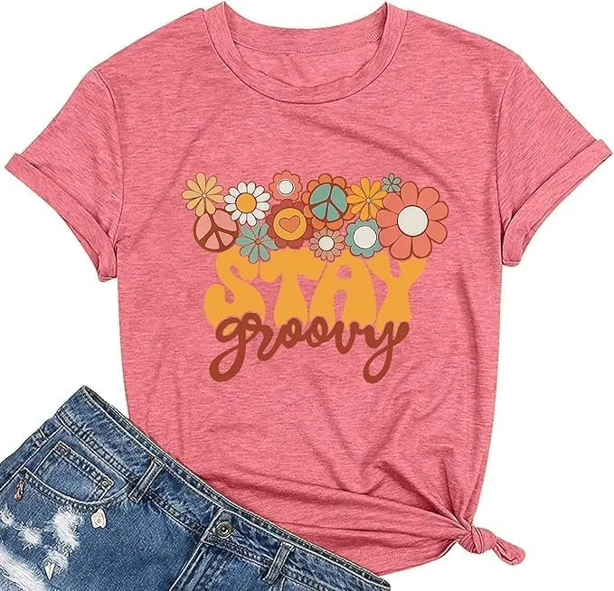Retro Stay Groovy Shirt Women Floral Graphic Tee Hippie Vintage 70s Disco Peace Casual Short Sleeve Top