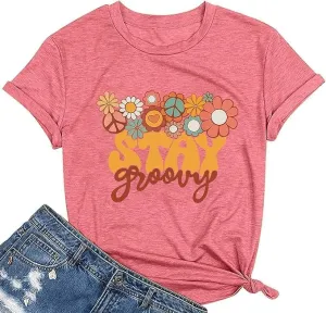 Retro Stay Groovy Shirt Women Floral Graphic Tee Hippie Vintage 70s Disco Peace Casual Short Sleeve Top