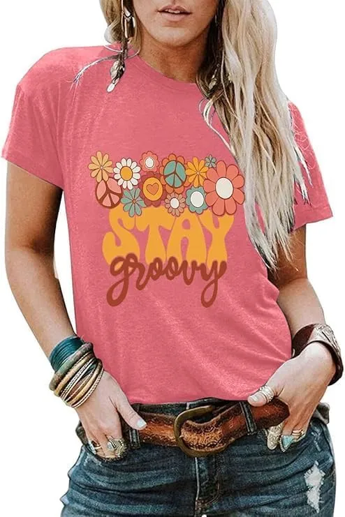 Retro Stay Groovy Shirt Women Floral Graphic Tee Hippie Vintage 70s Disco Peace Casual Short Sleeve Top