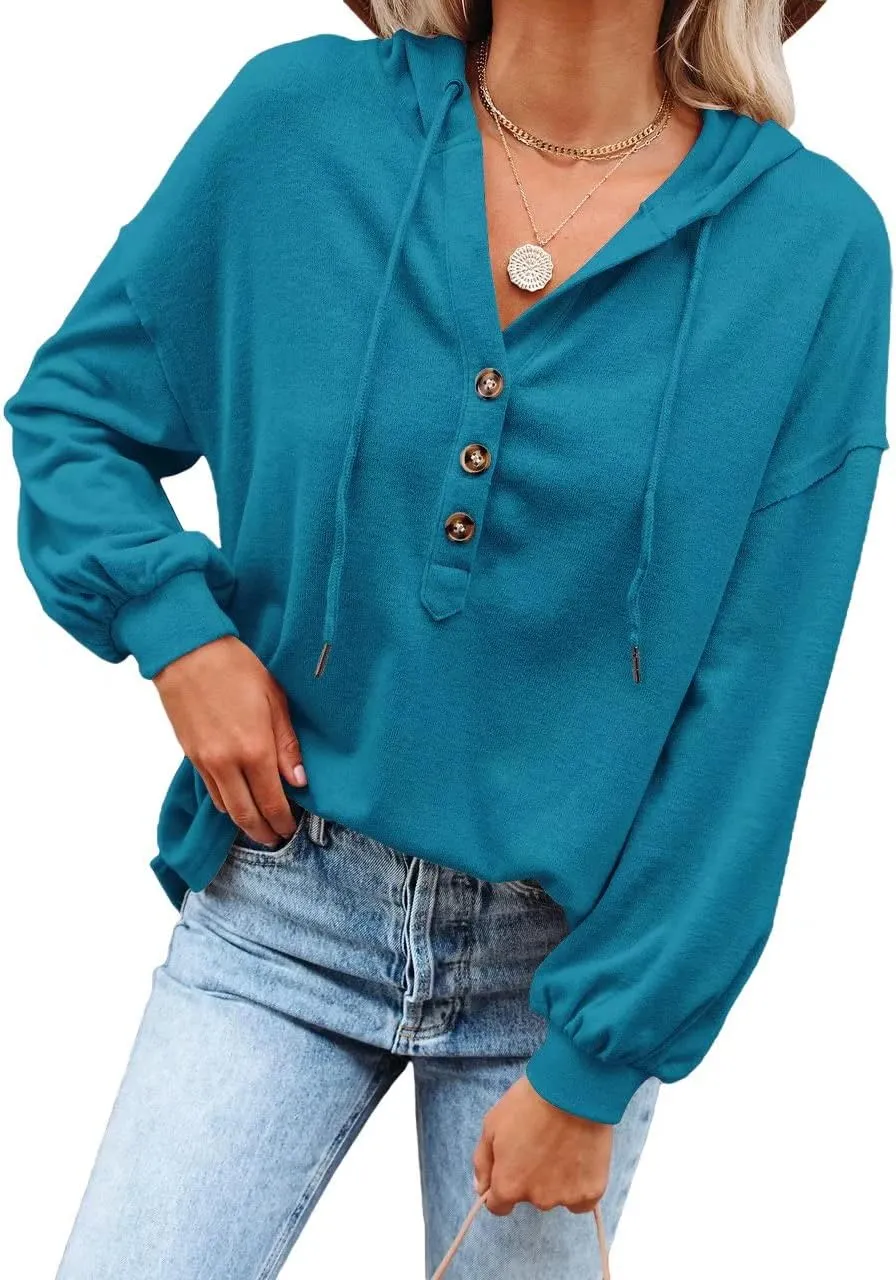REVETRO Womens V Neck Long Sleeve Henley Shirts Button Down Sweatshirts Hoodies Tunic Tops with Drawstring