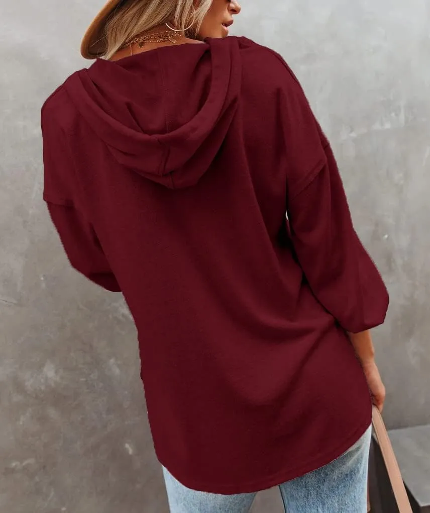 REVETRO Womens V Neck Long Sleeve Henley Shirts Button Down Sweatshirts Hoodies Tunic Tops with Drawstring