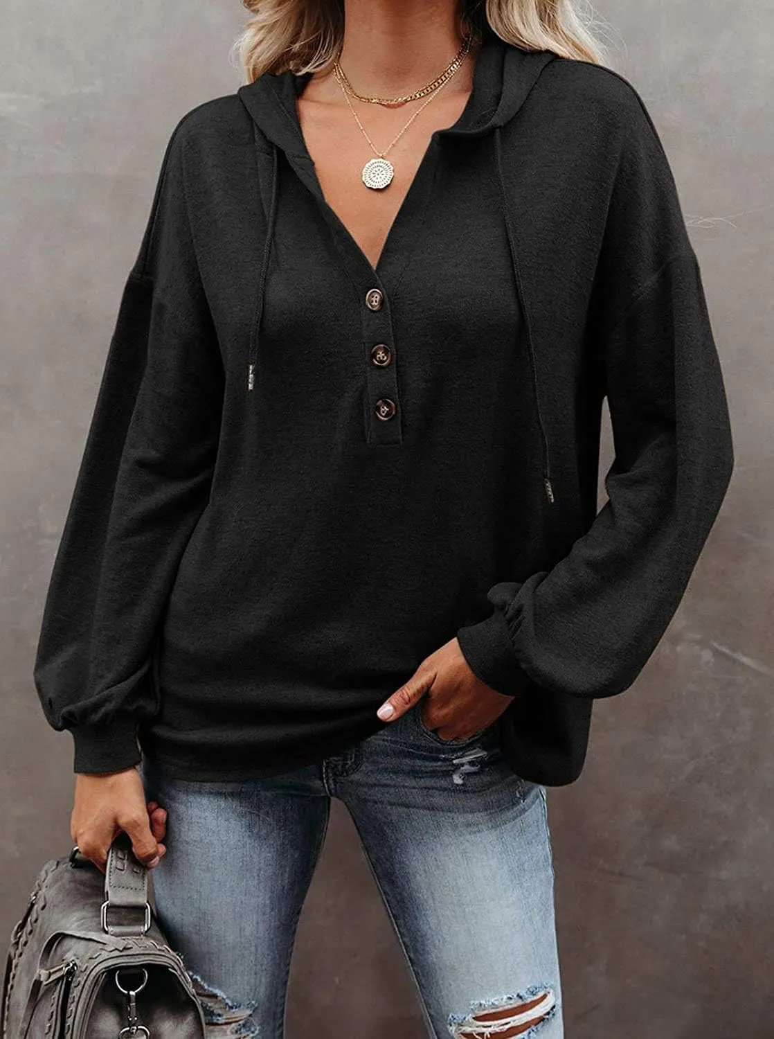 REVETRO Womens V Neck Long Sleeve Henley Shirts Button Down Sweatshirts Hoodies Tunic Tops with Drawstring