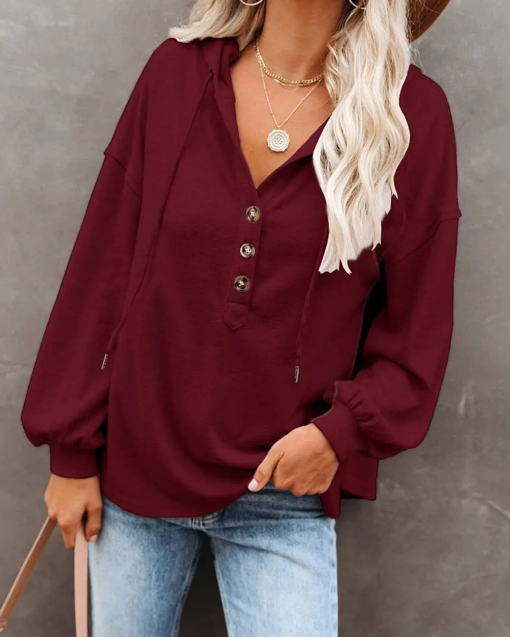 REVETRO Womens V Neck Long Sleeve Henley Shirts Button Down Sweatshirts Hoodies Tunic Tops with Drawstring