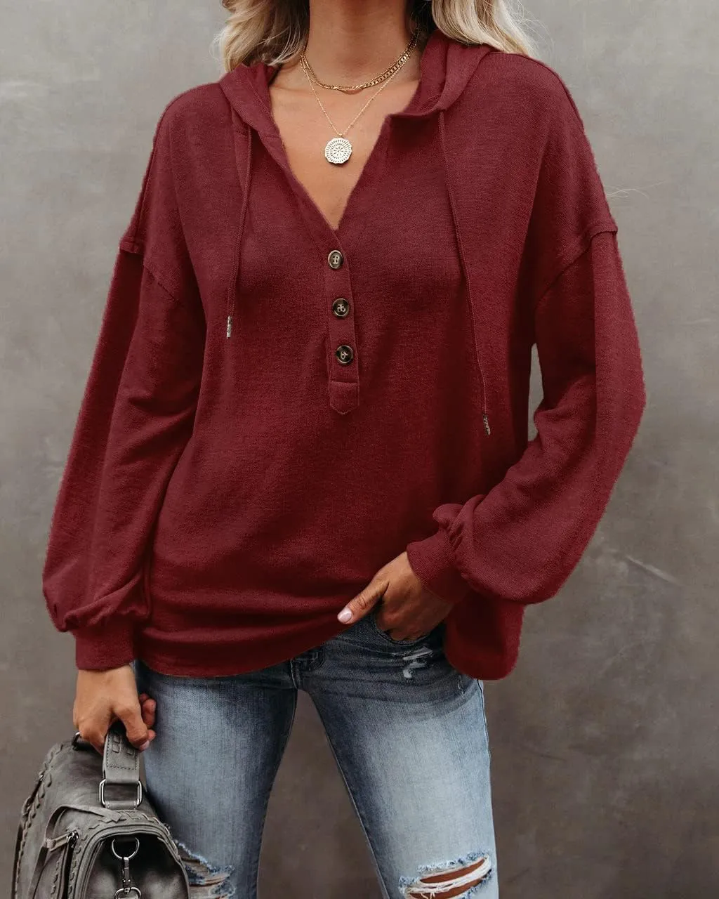 REVETRO Womens V Neck Long Sleeve Henley Shirts Button Down Sweatshirts Hoodies Tunic Tops with Drawstring