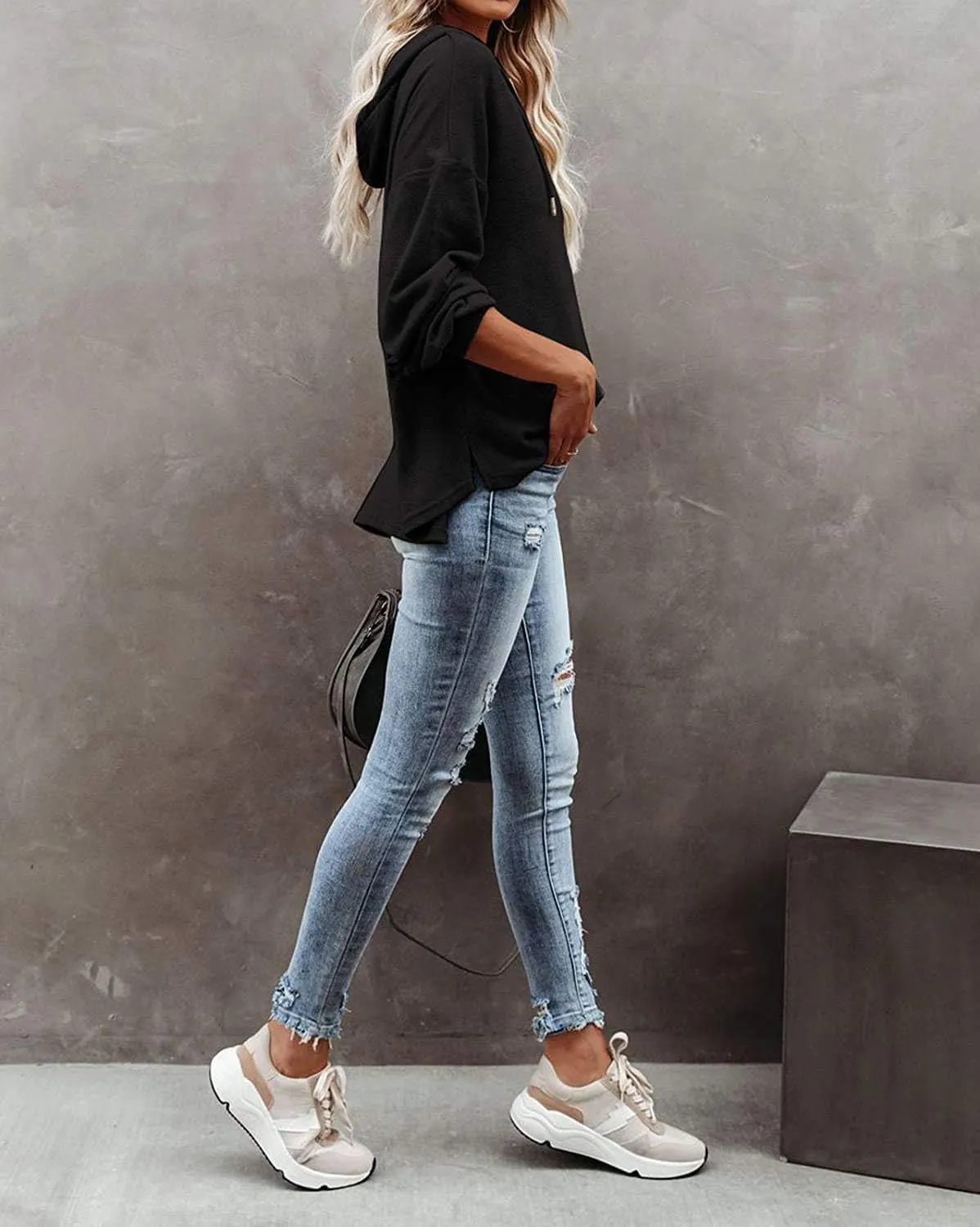REVETRO Womens V Neck Long Sleeve Henley Shirts Button Down Sweatshirts Hoodies Tunic Tops with Drawstring