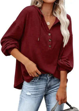 REVETRO Womens V Neck Long Sleeve Henley Shirts Button Down Sweatshirts Hoodies Tunic Tops with Drawstring