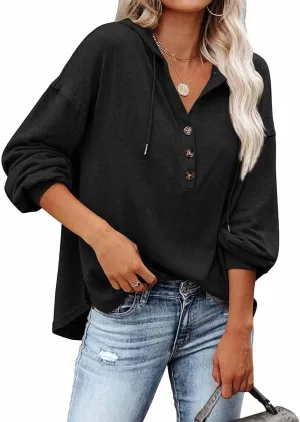 REVETRO Womens V Neck Long Sleeve Henley Shirts Button Down Sweatshirts Hoodies Tunic Tops with Drawstring