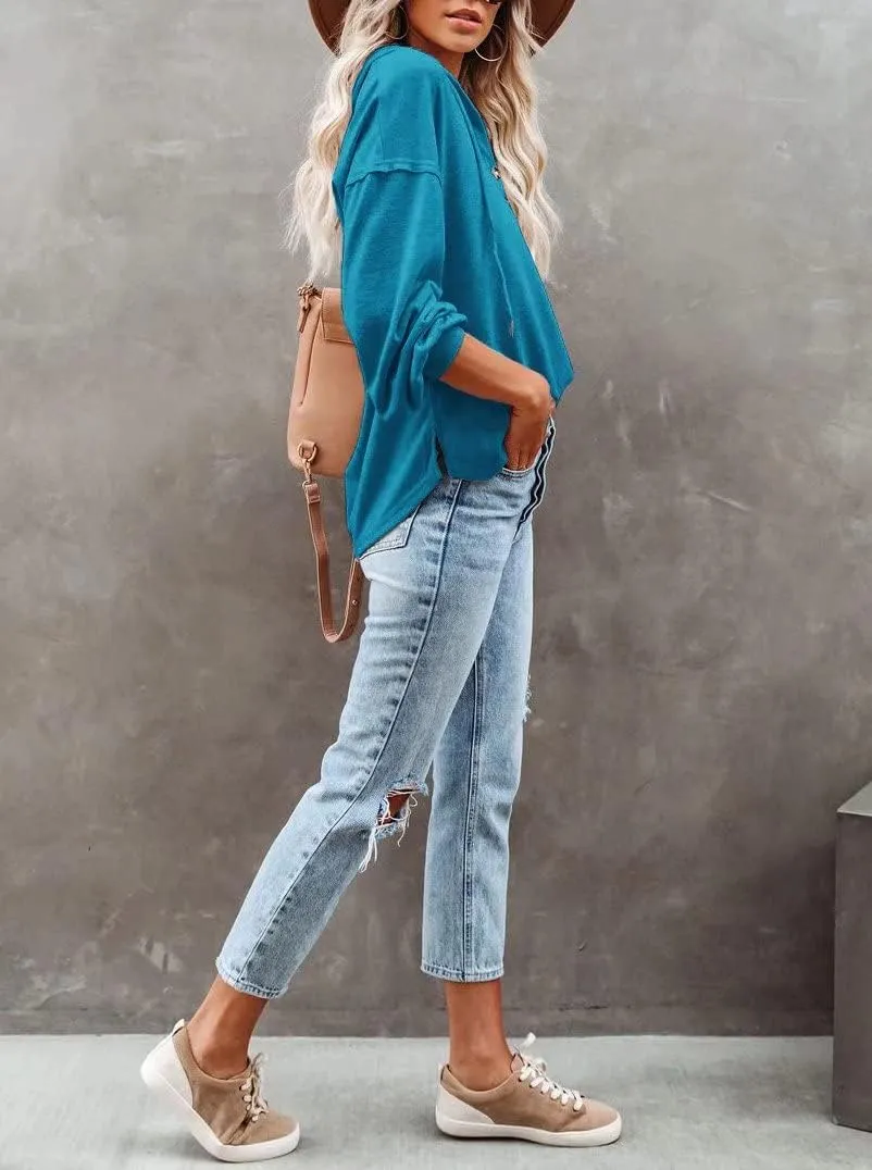 REVETRO Womens V Neck Long Sleeve Henley Shirts Button Down Sweatshirts Hoodies Tunic Tops with Drawstring