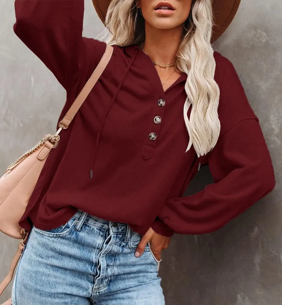 REVETRO Womens V Neck Long Sleeve Henley Shirts Button Down Sweatshirts Hoodies Tunic Tops with Drawstring