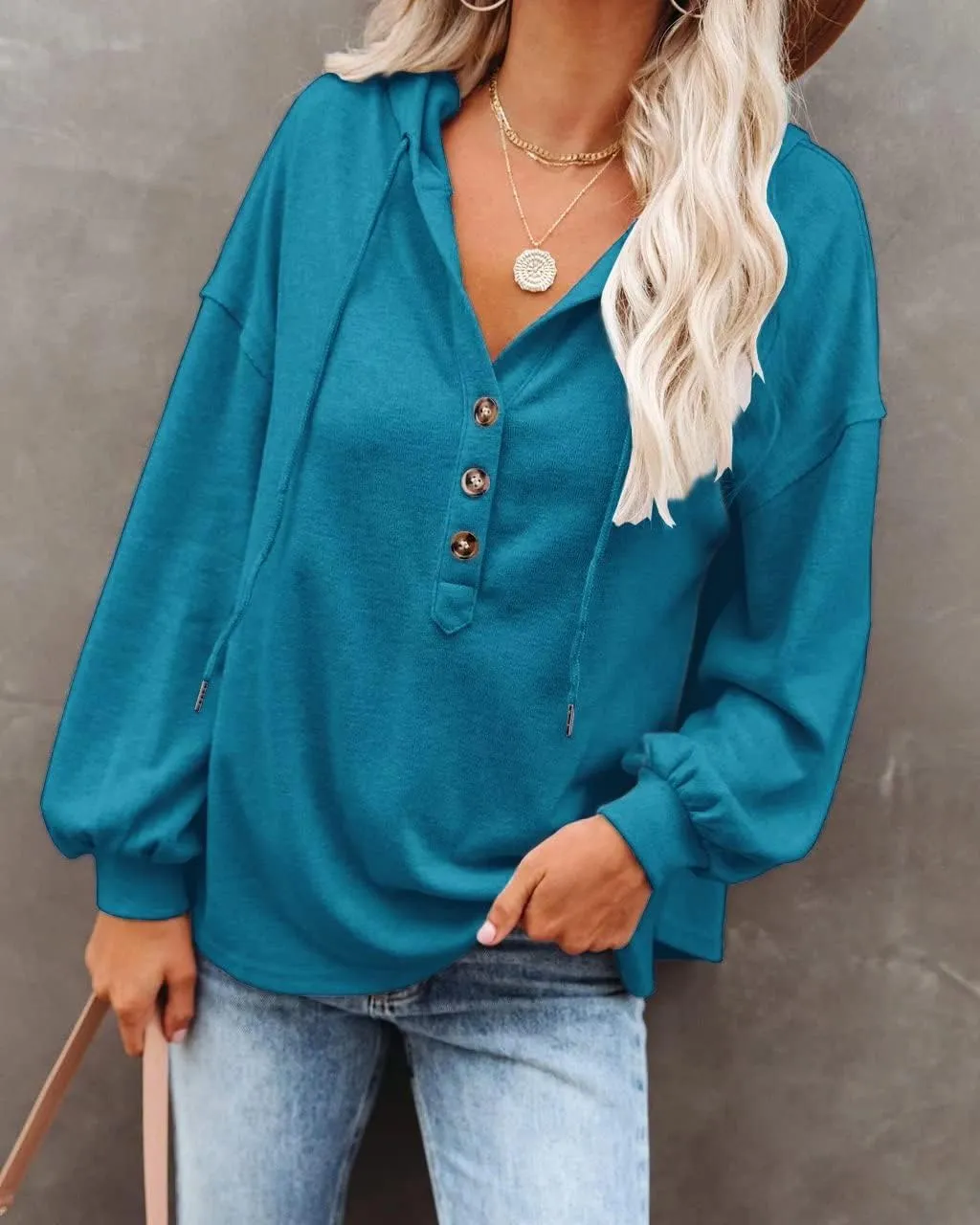 REVETRO Womens V Neck Long Sleeve Henley Shirts Button Down Sweatshirts Hoodies Tunic Tops with Drawstring