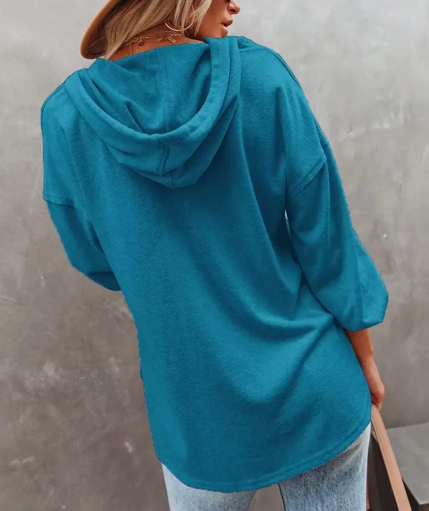 REVETRO Womens V Neck Long Sleeve Henley Shirts Button Down Sweatshirts Hoodies Tunic Tops with Drawstring