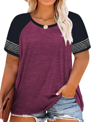 ROSRISS Plus-Size-Tops for Women Summer Short Sleeve Raglan Color Block Striped T-Shirts