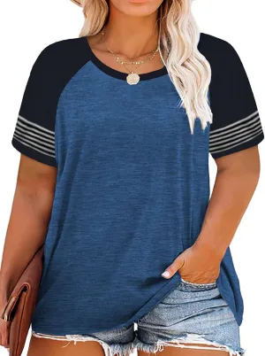 ROSRISS Plus-Size-Tops for Women Summer Short Sleeve Raglan Color Block Striped T-Shirts