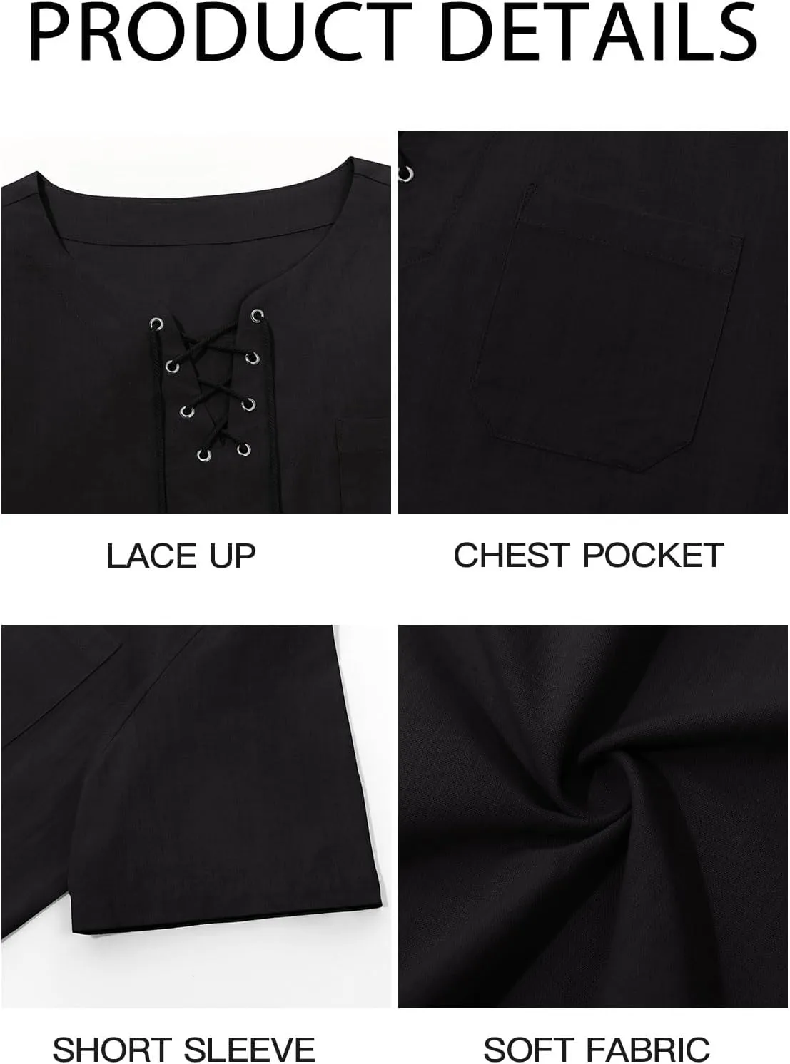 Runcati Mens Casual Henley Shirts Cotton Lace Up Short Sleeve Summer Beach Hippie V Neck Top Renaissance Pirate Shirt