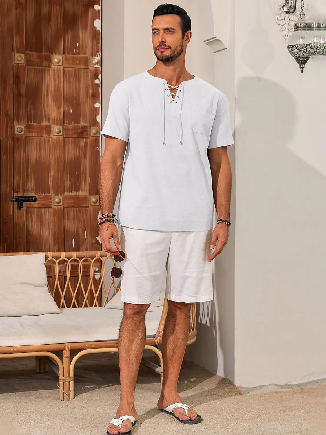 Runcati Mens Casual Henley Shirts Cotton Lace Up Short Sleeve Summer Beach Hippie V Neck Top Renaissance Pirate Shirt