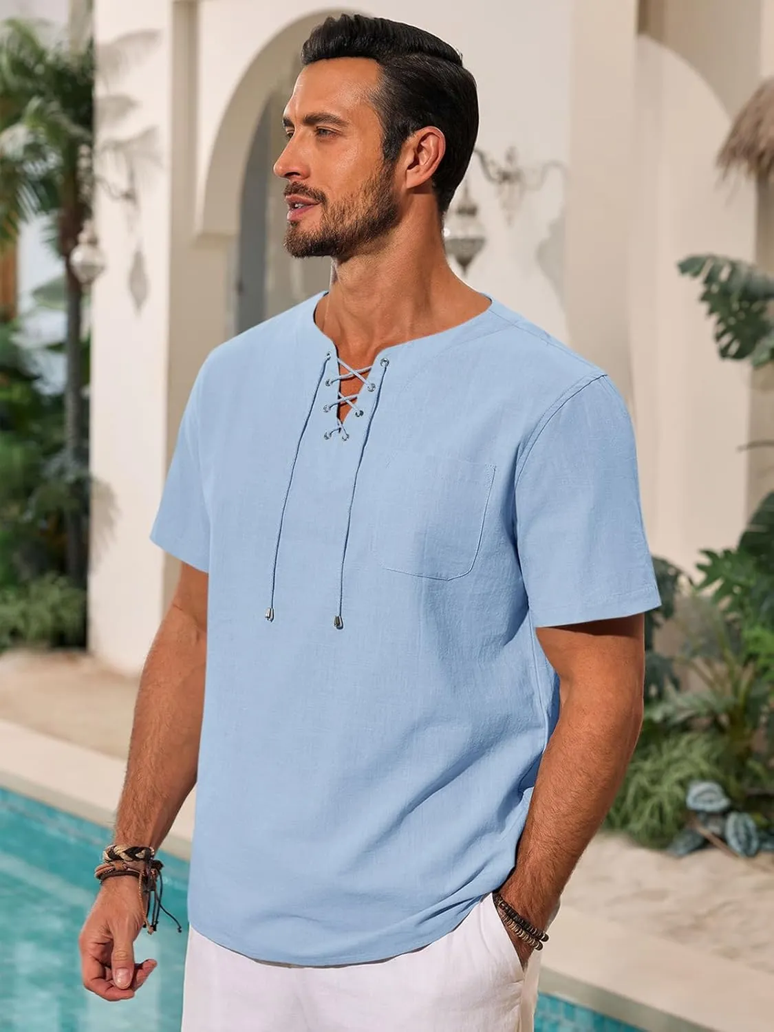Runcati Mens Casual Henley Shirts Cotton Lace Up Short Sleeve Summer Beach Hippie V Neck Top Renaissance Pirate Shirt