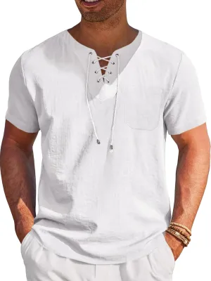Runcati Mens Casual Henley Shirts Cotton Lace Up Short Sleeve Summer Beach Hippie V Neck Top Renaissance Pirate Shirt