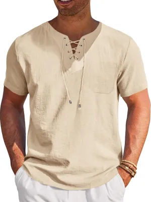 Runcati Mens Casual Henley Shirts Cotton Lace Up Short Sleeve Summer Beach Hippie V Neck Top Renaissance Pirate Shirt