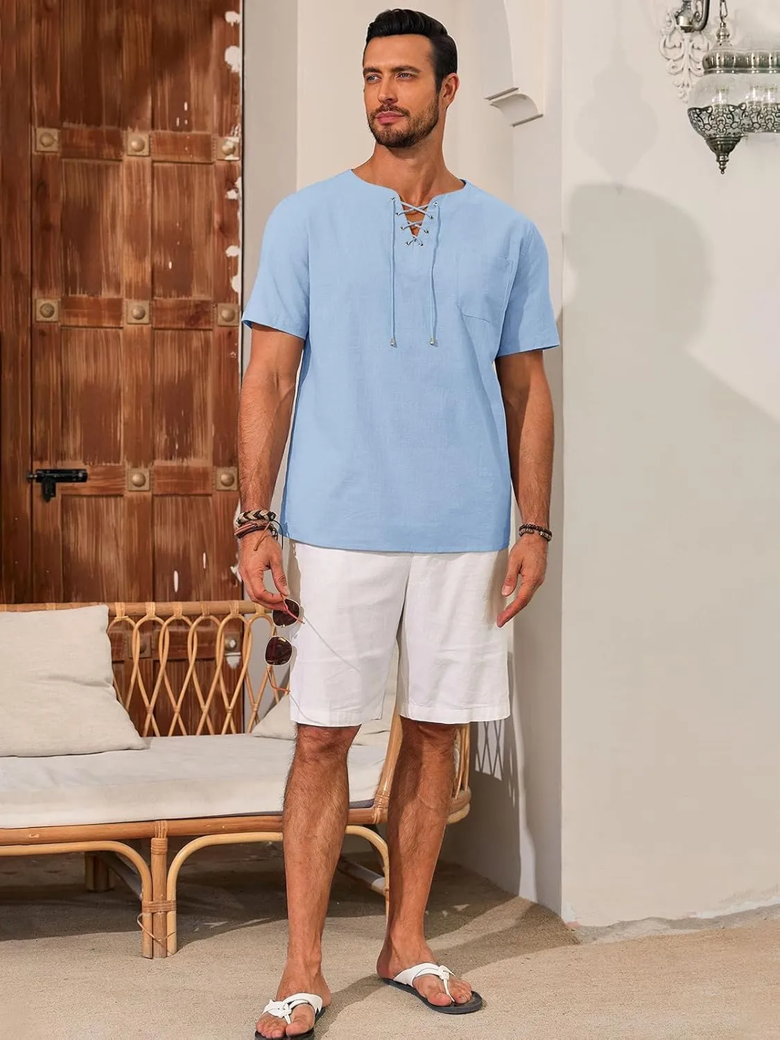 Runcati Mens Casual Henley Shirts Cotton Lace Up Short Sleeve Summer Beach Hippie V Neck Top Renaissance Pirate Shirt