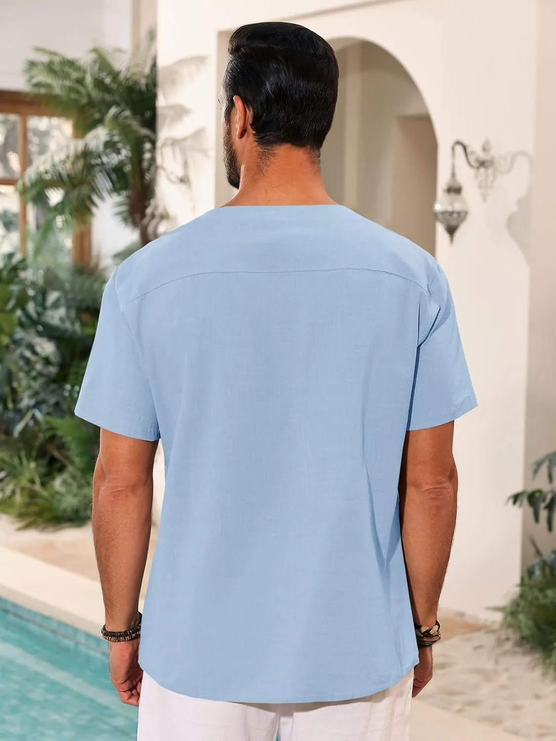 Runcati Mens Casual Henley Shirts Cotton Lace Up Short Sleeve Summer Beach Hippie V Neck Top Renaissance Pirate Shirt